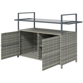 2-Tier Shelf PE Rattan Outdoor Bar Table, Glass Top Outdoor Serving Cart with Cabinet, Mixed Gray