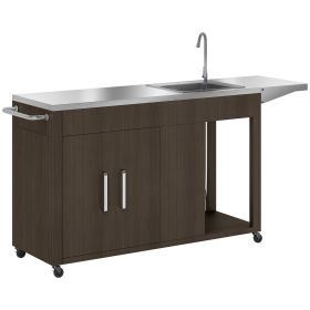 Outdoor Grill Table with Stainless Steel Sink and Drainage, Grill Cart with Foldable Side Table and Cabinet, Outdoor Kitchen Island with Wheels