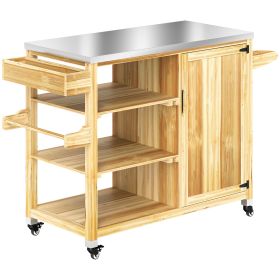 Outdoor Grill Cart with Stainless Steel Top, Solid Wood Outdoor Kitchen Island with Wheels, Natural Wood