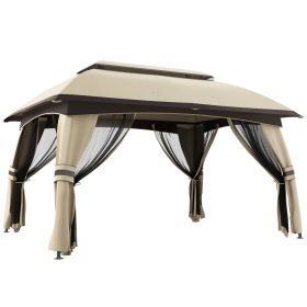 10x13ft Covered Gazebo with Netting Side Walls and 2 Vented Roof, Patio Gazebo Canopy Shelter, Beige