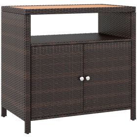 Outdoor Storage Cabinet with Acacia Wood Top, Two Doors, Shelf, Wicker Bar Table for Pool Towel Storage, Brown