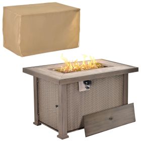 Propane Fire Pit Table, 30,000 BTU 42" Wicker-Effect Gas Fire Table, Auto-Ignition Rectangular Outdoor Firepit with Lid, Ceramic Tabletop