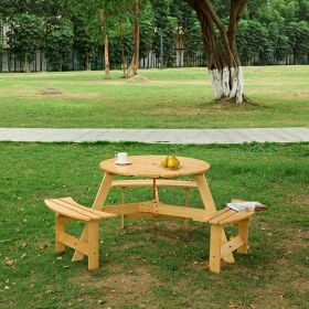 Outdoor 6 Person Picnic Table, 6 person Round Picnic Table with 3 Built-in Benches, Umbrella Hole, Outside Table and Bench Set for Garden, Backya (Color: Natural, Person: 6)